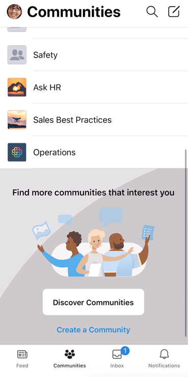 Screenshot showing discovering Yammer communities on mobile app