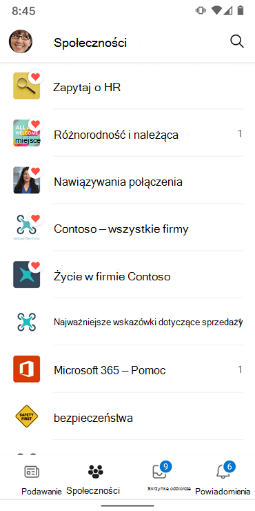 Zrzut ekranu przedstawiający społeczności w aplikacji Yammer na Androida