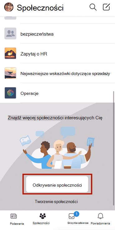 Zrzut ekranu przedstawiający znajdowanie społeczności usługi Yammer na urządzeniu przenośnym z zaznaczeniem