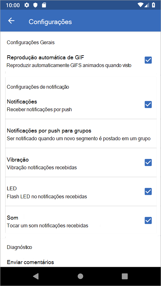 Opções de Definições do Yammer no Android