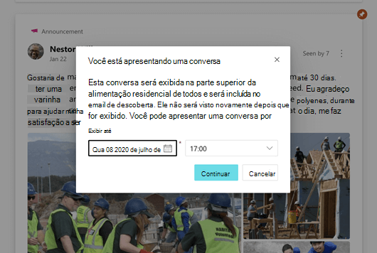 Captura de tela mostrando uma conversa em destaque do Yammer sendo agendada