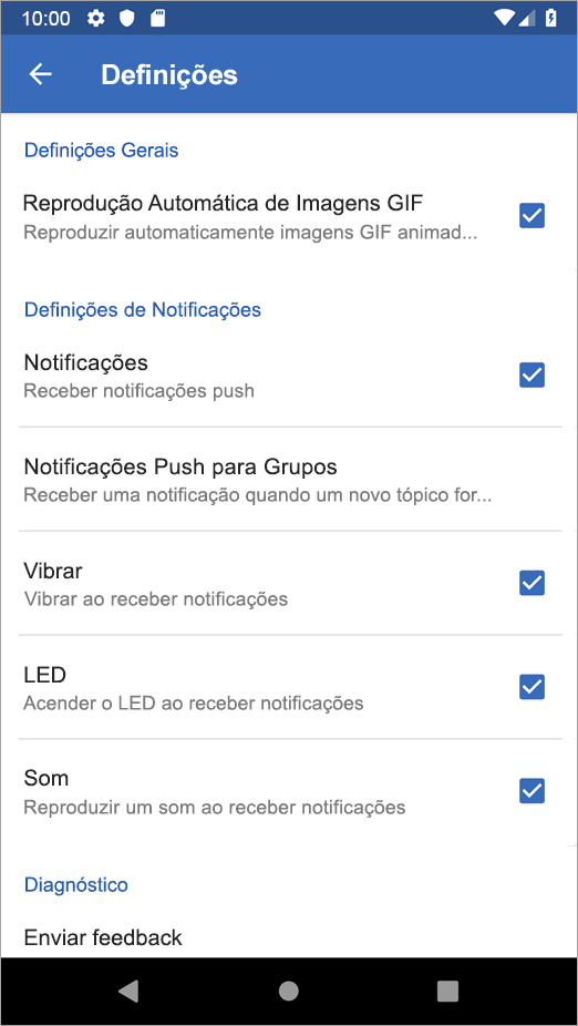 Opções de Definições do Yammer no Android