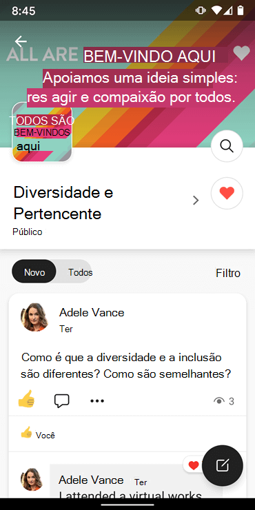 Captura de ecrã a mostrar a seguir uma comunidade com a aplicação Yammer Para Android