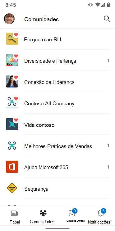 Captura de ecrã a mostrar comunidades na aplicação Yammer para Android