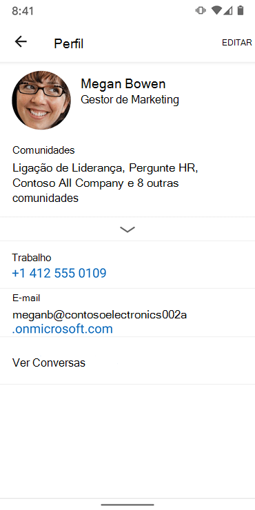 Captura de ecrã a mostrar a configuração de um perfil na nova aplicação Yammer para Android