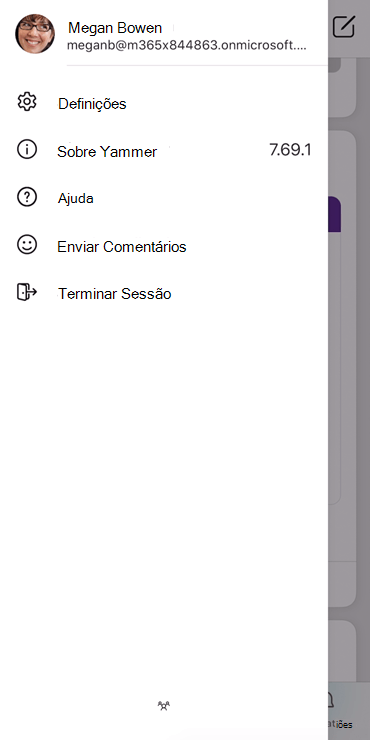 Captura de ecrã a mostrar a configuração de um perfil na aplicação yammer para dispositivos móveis