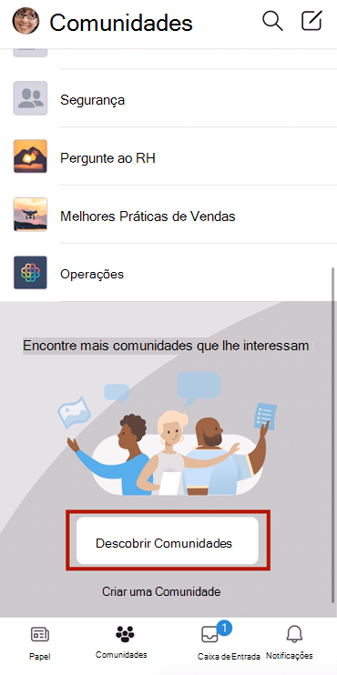 Captura de ecrã a mostrar a localização de comunidades do Yammer em dispositivos móveis com seleção