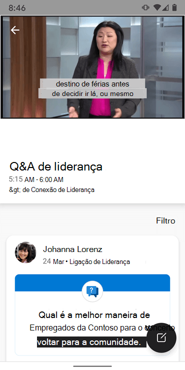 Captura de ecrã a mostrar a sessão de perguntas e respostas com líderes na aplicação Android do Yammer