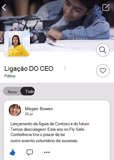 Captura de ecrã a mostrar o envolvimento com a liderança na aplicação yammer para dispositivos móveis