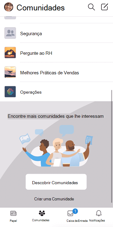 Captura de ecrã a mostrar a deteção de comunidades do Yammer na aplicação móvel