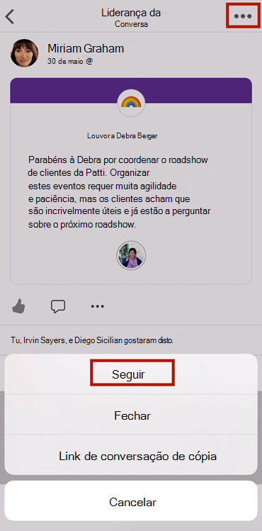 Captura de ecrã a mostrar o seguimento de uma conversação no novo Yammer na aplicação móvel