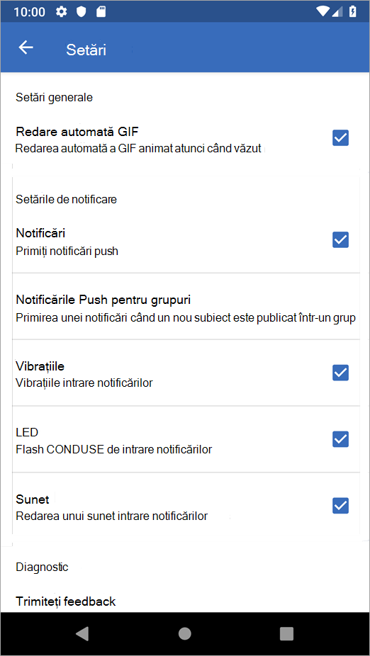 Opțiuni setări Yammer pe Android