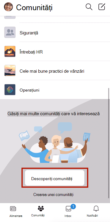 Captură de ecran afișând găsirea comunităților Yammer pe mobil, cu selecția