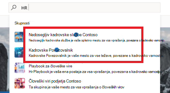 Slika rezultatov iskanja, ki prikazujejo kombinacijo uradnih in neuradnih skupnosti