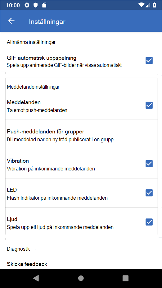 Alternativ för Inställningar för Yammer på Android