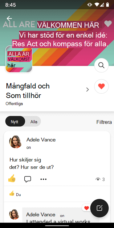 Skärmbild som visar hur du följer en community med Android-appen Yammer