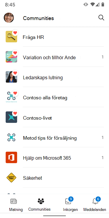 Skärmbild som visar communities i Yammer Android-appen