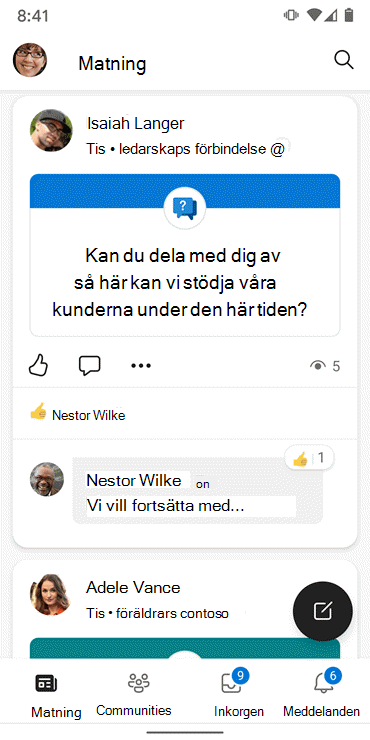 Skärmbild som visar feeden i Android-appen Yammer