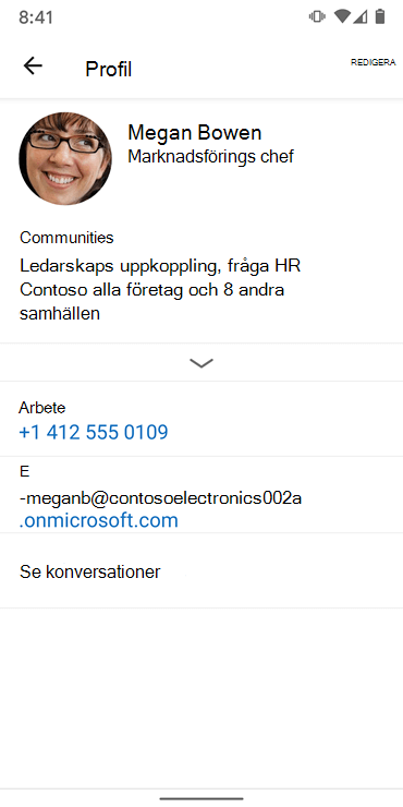 Skärmbild som visar hur du konfigurerar en profil i den nya Android-appen Yammer