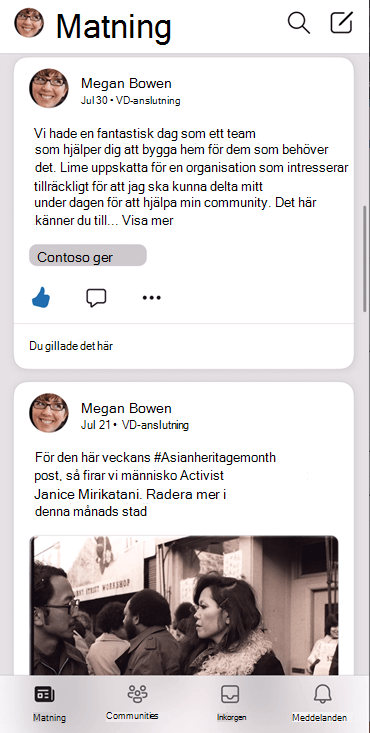 Skärmbild som visar feeden i Yammer iOS-appen