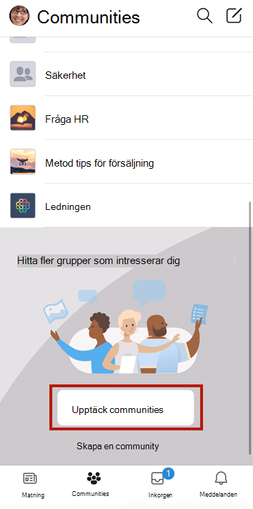 Skärmbild som visar hur du hittar Yammer-communities på mobilen med val