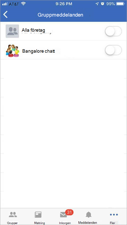 Yammer-sida i iOS för att välja grupper att ta emot aviseringar från