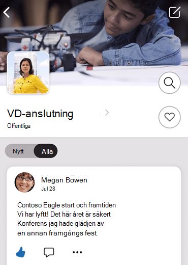 Skärmbild som visar hur du interagerar med ledarskap i Yammer-mobilappen