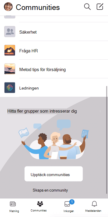 Skärmbild som visar hur yammer-communities upptäcks i mobilappen