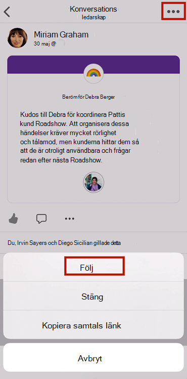 Skärmbild som visar hur du följer en konversation i nya Yammer i mobilappen