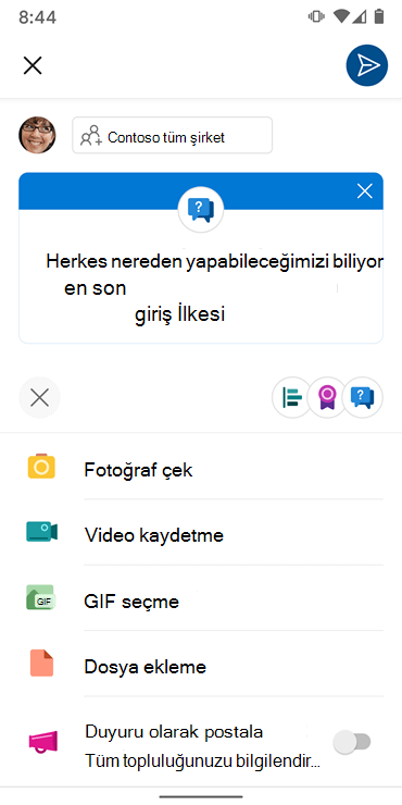 Andriod Yammer uygulamasıyla dönüştürmeyi birleştirmeyi gösteren ekran görüntüsü