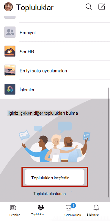 Seçili mobil cihazlarda Yammer topluluklarını bulma işlemini gösteren ekran görüntüsü