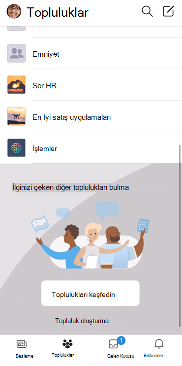 Mobil uygulamada Yammer topluluklarını keşfetmeyi gösteren ekran görüntüsü