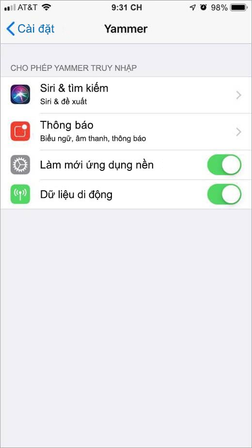 menu Yammer thiết đặt iOS