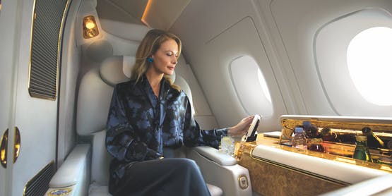 passenger enjoying the comfort of Emirates Airbus A380 First Class