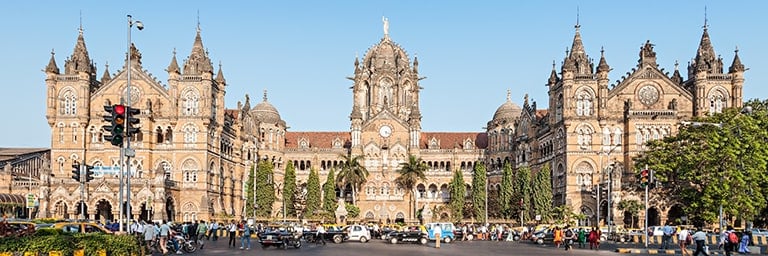 View of bustling Chhatrapati Shivaji Terminus in Mumbai