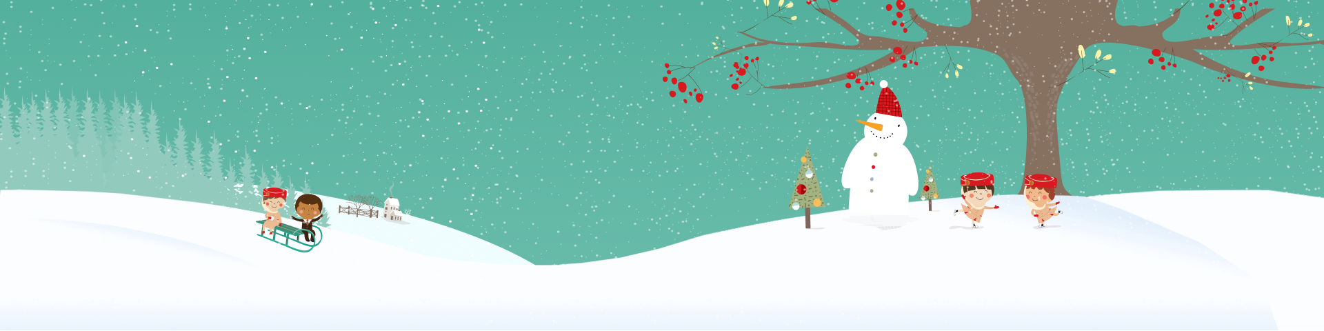 graphics of cartoonish cabin crew playing in the snow next to a snowman and Christmas trees