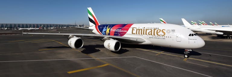 Emirates A380 with special paint to celebrate the ICC