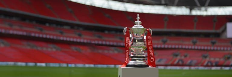 shiny Emirates FA cup trophy on an empty football field