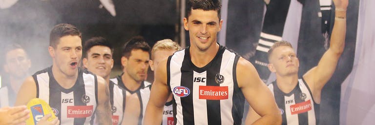 The Collingwood Football Club Magpies with the captain Scott Pendlebury at the front