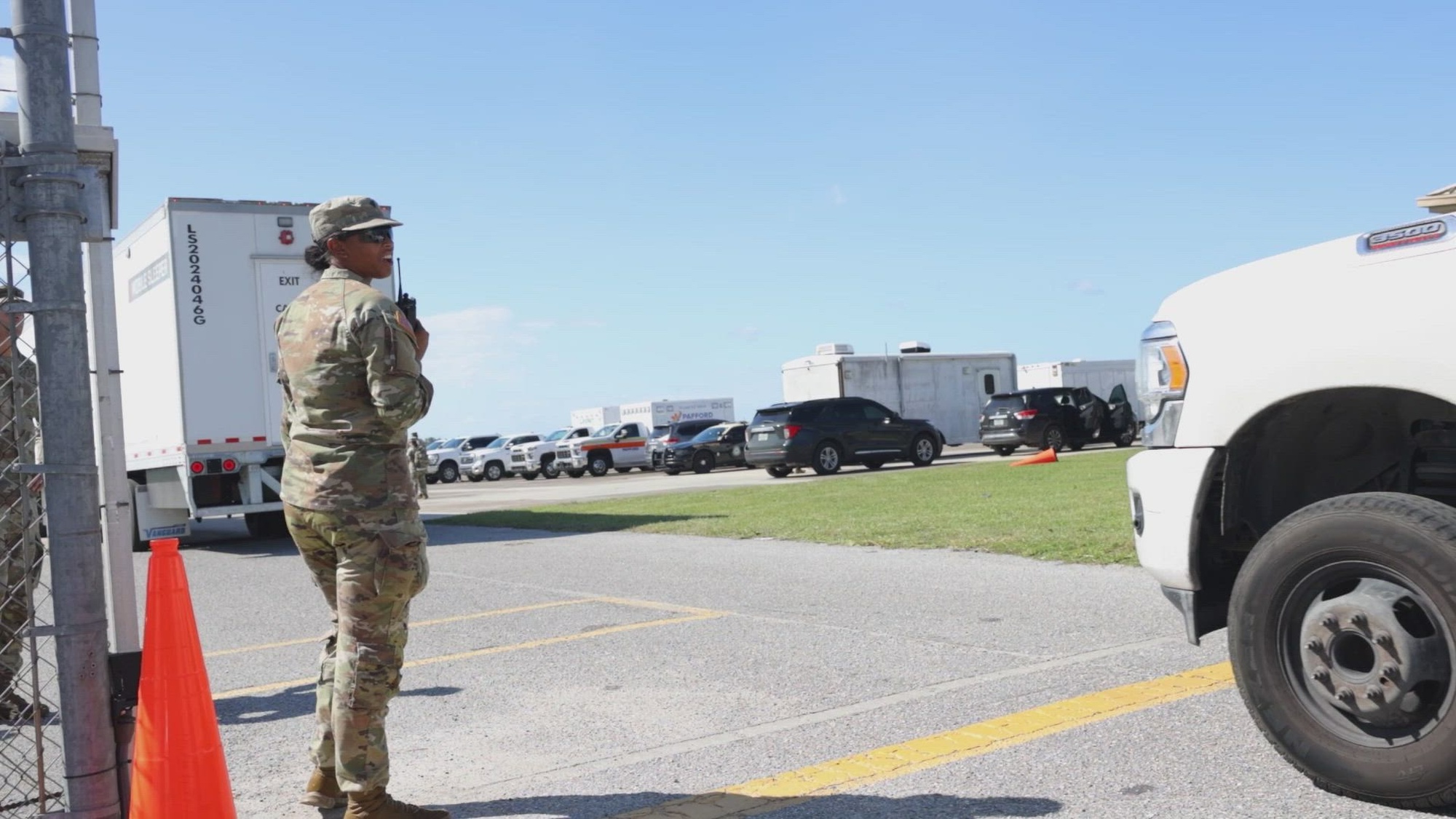 The Florida Army National Guard helps establish the base camp for Florida National Guard and civilian relief organizations in Perry, Fla., on September 27, 2024. This effort responds to and aids civilians after Hurricane Helene.