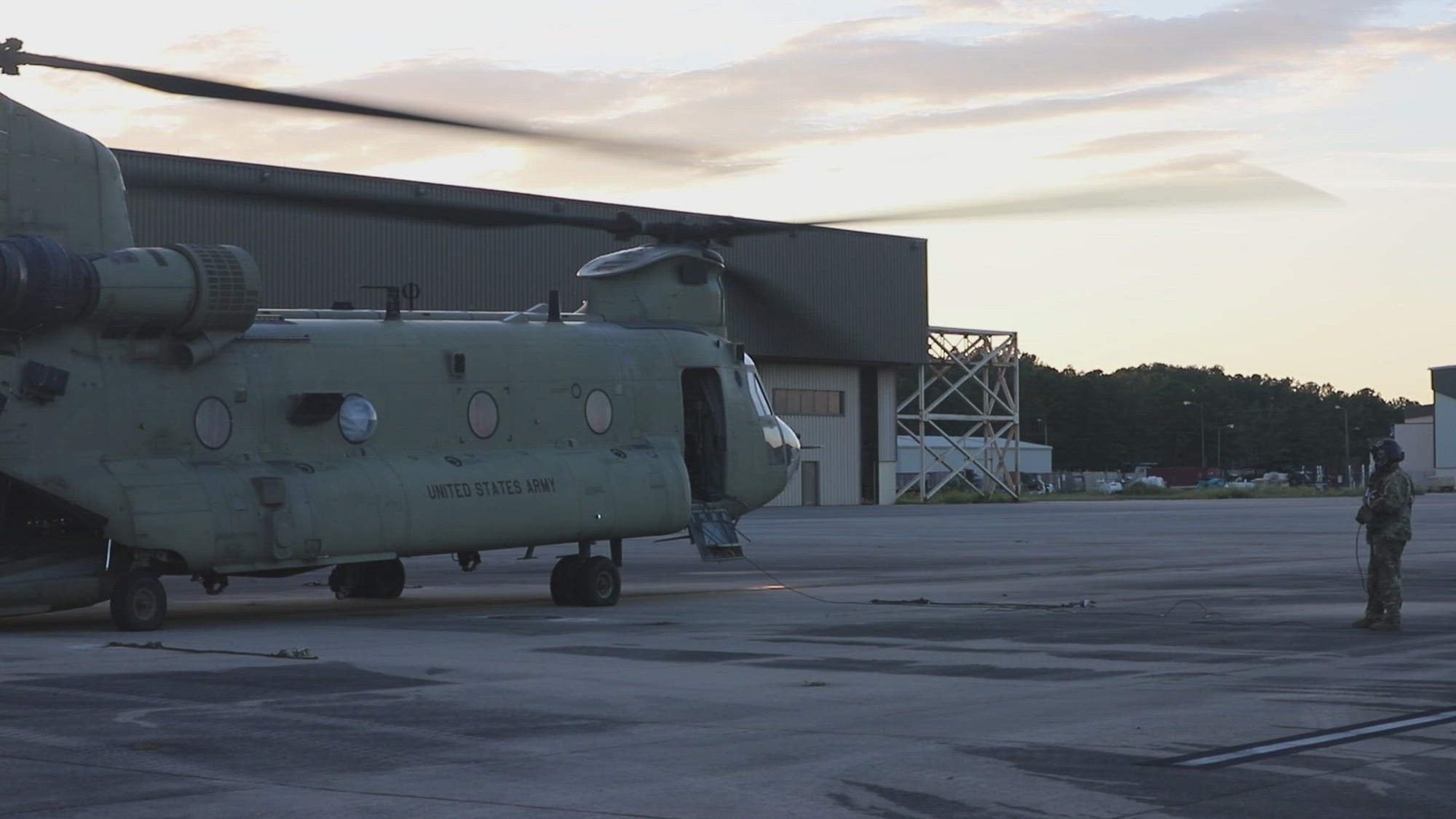 Paratroopers assigned to 3rd General Support Aviation Battalion, 82nd Combat Aviation Brigade, 82nd Airborne Division, prepare and load CH-47 Chinooks on Simmons Army Airfield, North Carolina, Oct. 2, 2024. These paratroopers are preparing to support state and local authorities to help first responders save lives and support the North Carolina community. (U.S. Army video by Staff Sgt. Clara Harty)