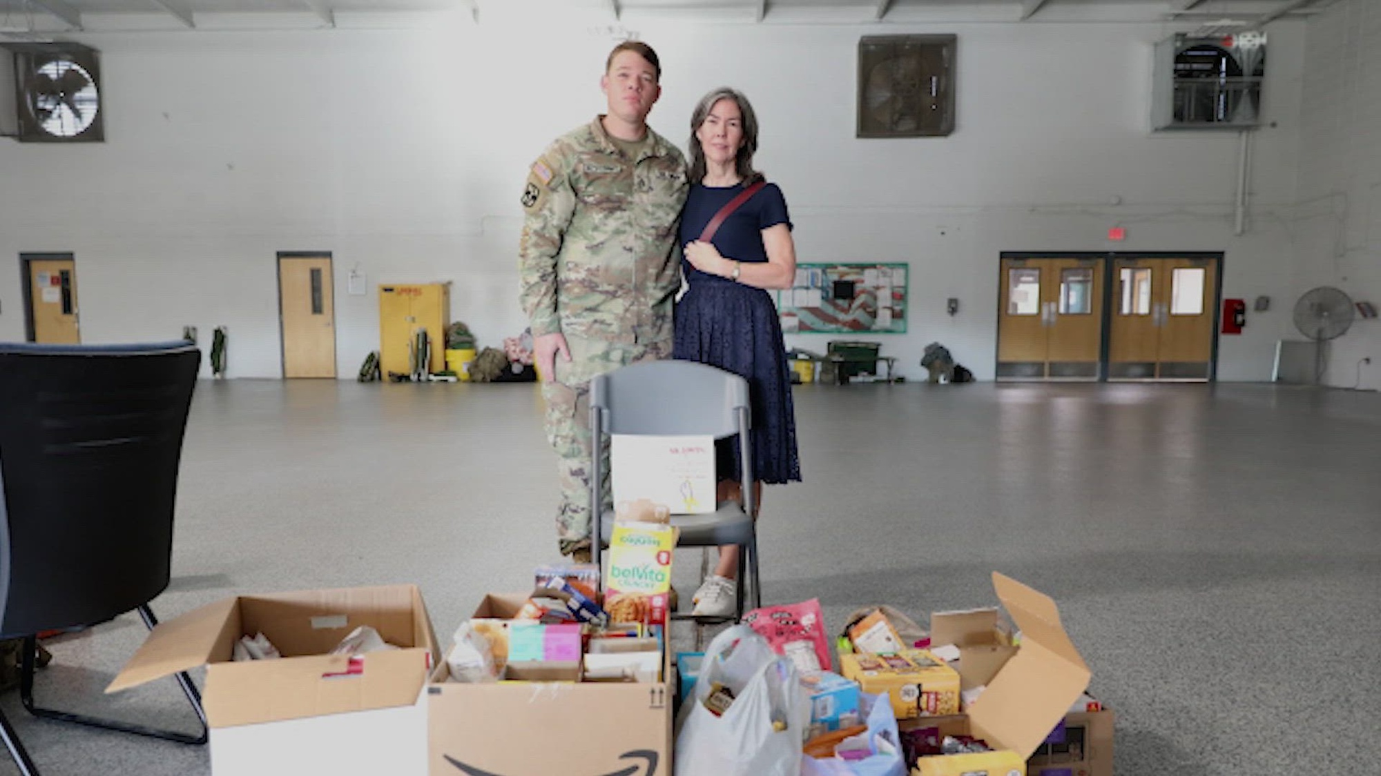 Angie Petroni, the mother of U.S. Army Staff Sgt. Nick Petroni, a combat engineer with the Augusta-based Headquarters and Headquarters Company,  878th Engineer Battalion, 648th Maneuver Enhancement Brigade, Georgia Army National Guard, delivers food and supplies donated by citizens of Decatur, Georgia to service members at the Augusta Readiness Center Oct. 2, 2024. The Georgia National Guard has mobilized to provide response and recovery support to areas in the state impacted by Hurricane Helene. At the direction of the Governor and through The Georgia Emergency Management and Homeland Security Agency (GEMA/HS), the Georgia National Guard will continue to partner local, state, and federal entities in this effort. (U.S. Army video by Sgt. 1st Jeron Walker)