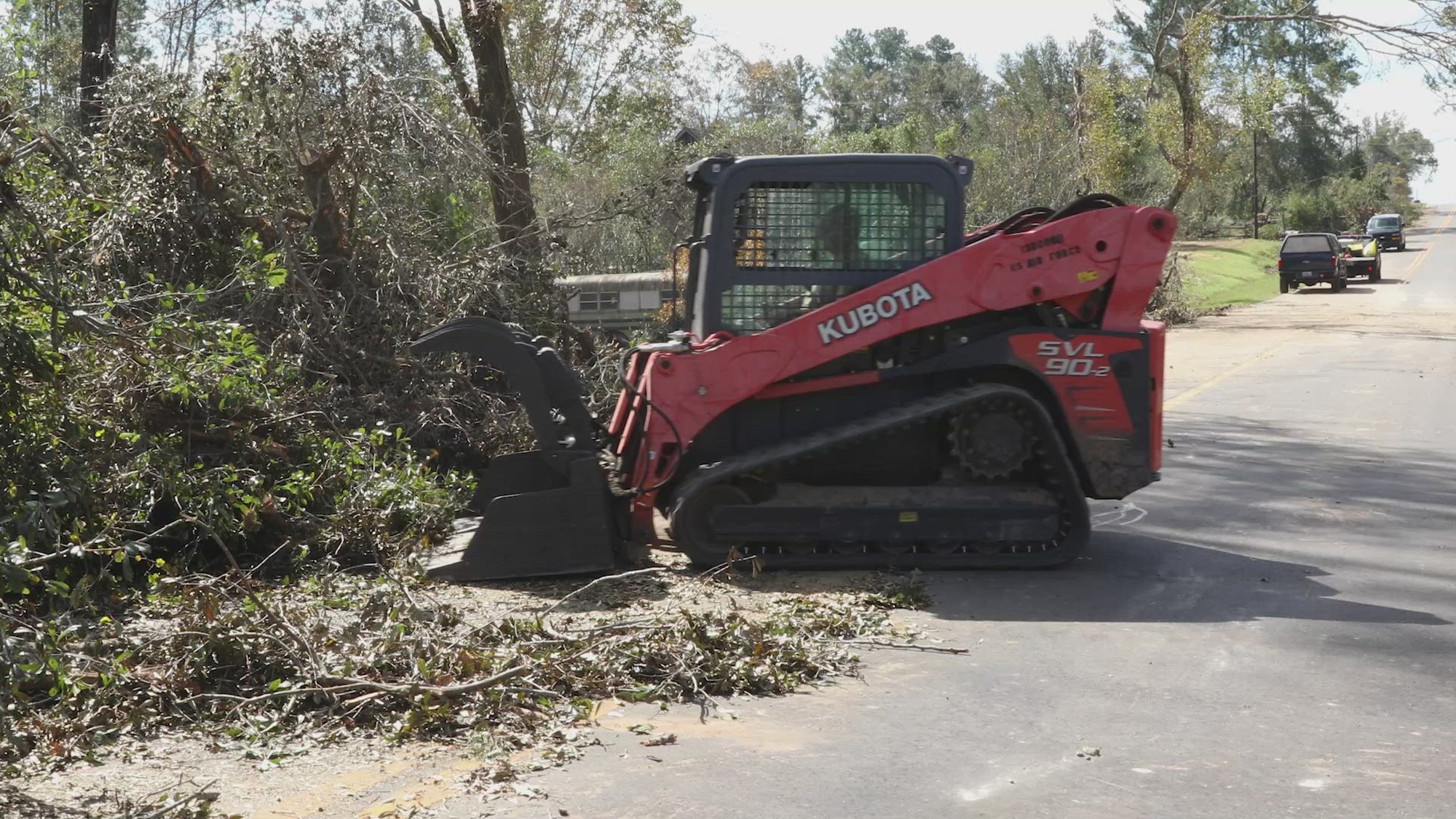 Georgia Air National Guardsmen clear roads during the aftermath of Hurricane Helene in Mt. Vernon, Georgia, Oct. 2, 2024. The Georgia National Guard has mobilized to provide response and recovery support to areas in the state impacted by Hurricane Helene. At the direction of the Governor and through The Georgia Emergency Management and Homeland Security Agency (GEMA/HS), the Georgia National Guard will continue to partner local, state, and federal entities in this effort. (U.S. Army National Guard video by Sgt. Jaylan Caulton)