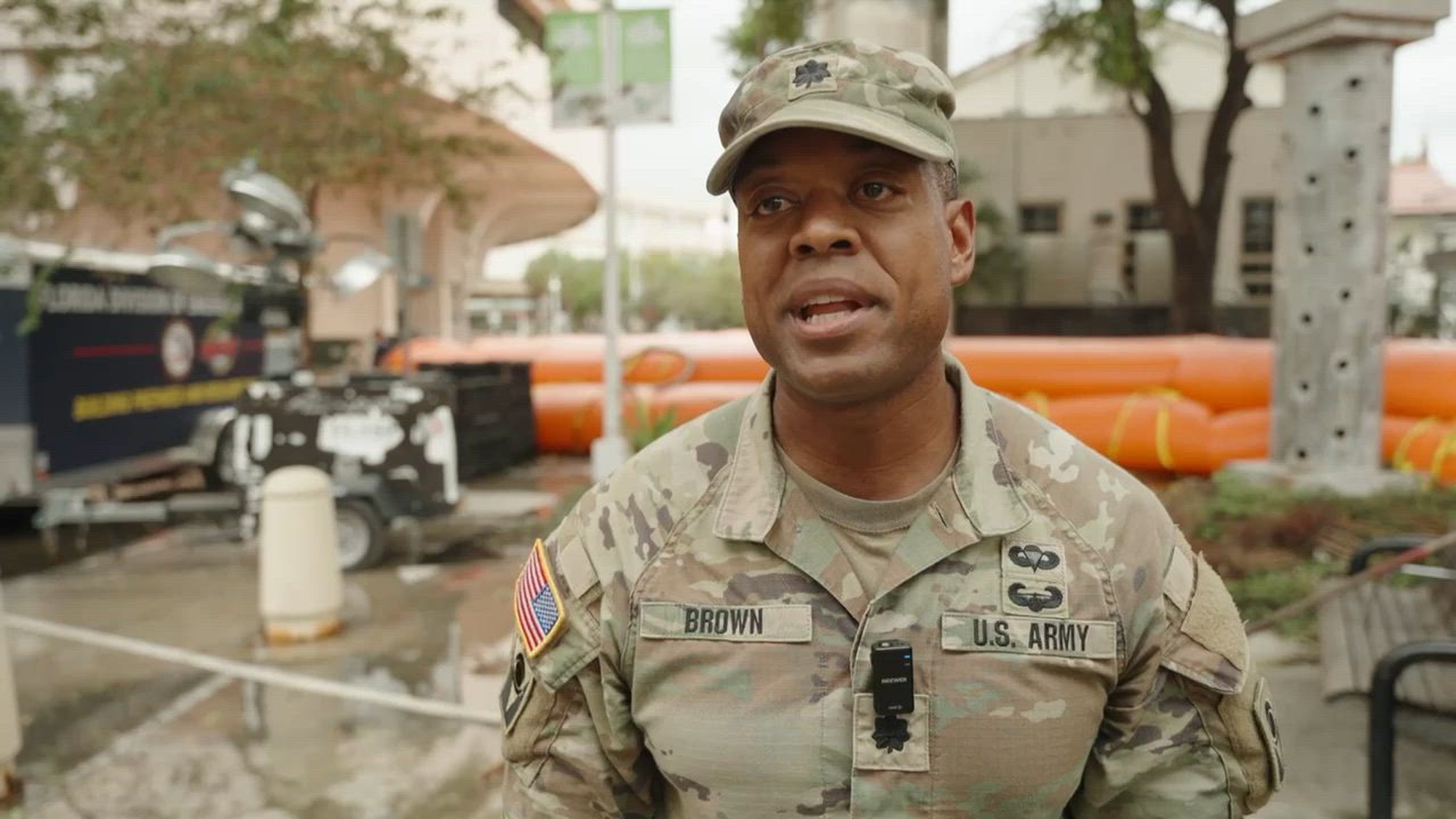 Lt. Col. Daniel Brown, commander of the 1st Squadron, 153rd Cavalry Regiment, and Soldiers from Delta Troop removed a water barrier protecting the water treatment plant in Tampa, Florida after Hurricane Milton passed on Oct. 10, 2024. Florida National Guard provides humanitarian assistance, security operations, search and rescue, and more.