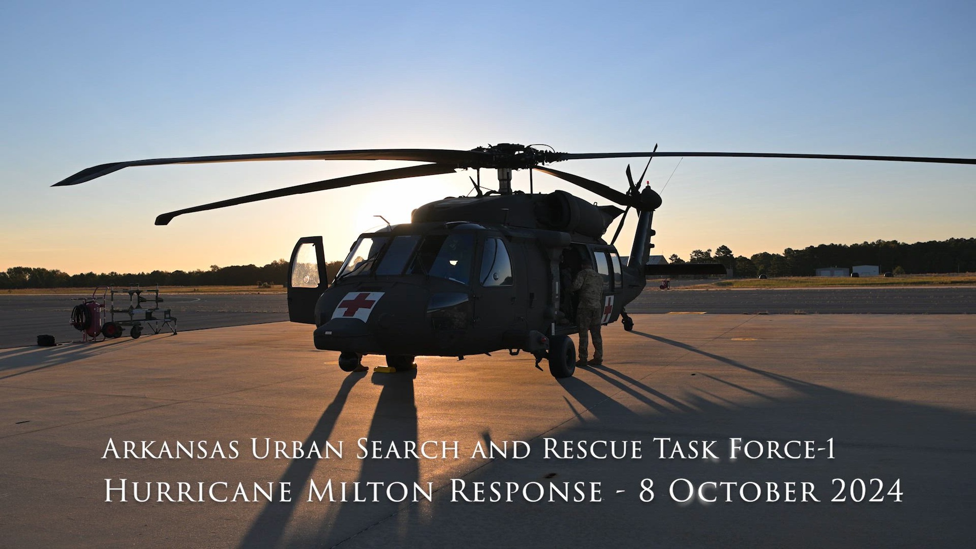 1st Sgt. Jonathan Watson, Crew Chief, 77th TAB, explains the capabilities of the new medical rescue Black Hawk helicopter.

The Arkansas National Guard sent a five-Soldier HH-60M Black Hawk crew to Florida Oct. 8, 2024, to augment the Florida National Guard and provide hoist and airlift support after Hurricane Milton passes.

The 11-day mission will provide direct hoist and airlift support to ground-based search-and-rescue teams. The support is provided through an Emergency Management Assistance Compact between Florida and Arkansas.

“This is our first operational state active-duty mission for our newest model Black Hawk, the HH-60M,” said Brig. Gen Chad Bridges, Arkansas’ adjutant general. “It’s also the first time we’re going to operate outside the state with the Arkansas Urban Search and Rescue Task Force-1 team from central Arkansas who is sending four personnel. Our crews have trained rigorously with their civilian counterparts, and they’re well prepared to take on this vital mission once the hurricane has passed.”

The five-Soldier crew includes two pilots, two crew chiefs and a medic. They are expected to stage overnight in the Florida panhandle before proceeding where directed by the Florida National Guard in the wake of Hurricane Milton.

The HH-60M is a modernized version of the “legacy Black Hawk helicopter designed to be joint forces capable and execute missions 24 hours a day under all-weather conditions,” according to an Army fact sheet. “The M model Black Hawk has multiple upgrades over its predecessors including multi-mission capabilities and features a new airframe, advanced digital avionics and a powerful propulsion system that can be used to perform tactical transport, utility, search and rescue, airborne assault, command and control, medical evacuation, aerial sustainment, disaster relief and firefighting missions.”

The HH-60M crew took a water rescue basket along with a variety of devices to help them safely rescue people of all age