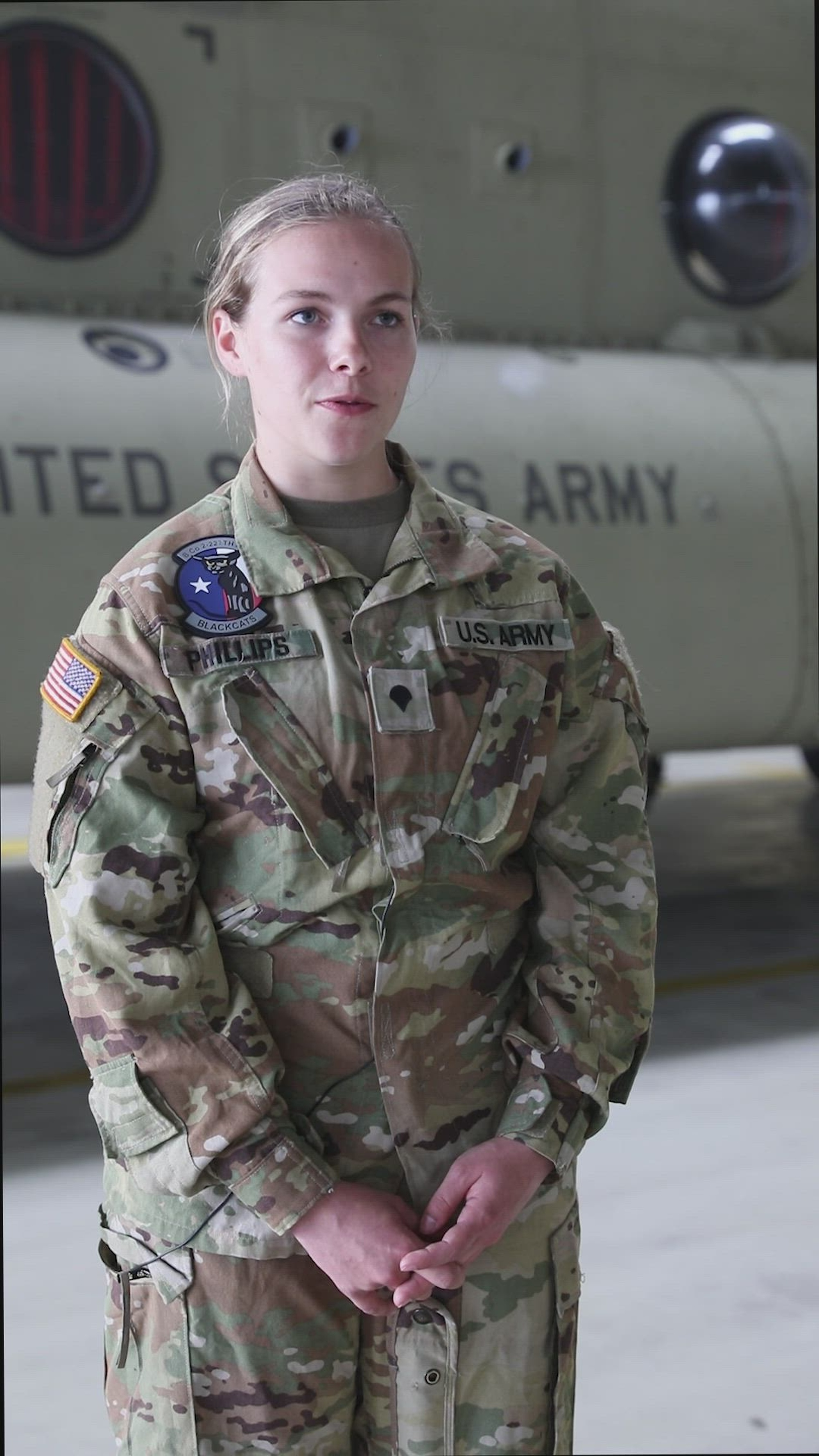 U.S. Army Spc. Kyrzten Phillips, a Chinook mechanic and crew chief assigned to Bravo Company, 2nd Battalion, 227th Aviation Regiment, 1st Air Cavalry Brigade. 1st Cavalry Division talks about why she serves while on a mission in Sint-Oedenrode, Netherlands, Sept. 17, 2024. The 1st Cavalry Division’s mission is to engage in multinational training and exercises across the continent, strengthening interoperability with NATO allies and regional security partners, which provides competent and ready forces to V Corps, America’s forward-deployed corps in Europe. (U.S. Army video by 1st Sgt. Jessica Barnett)