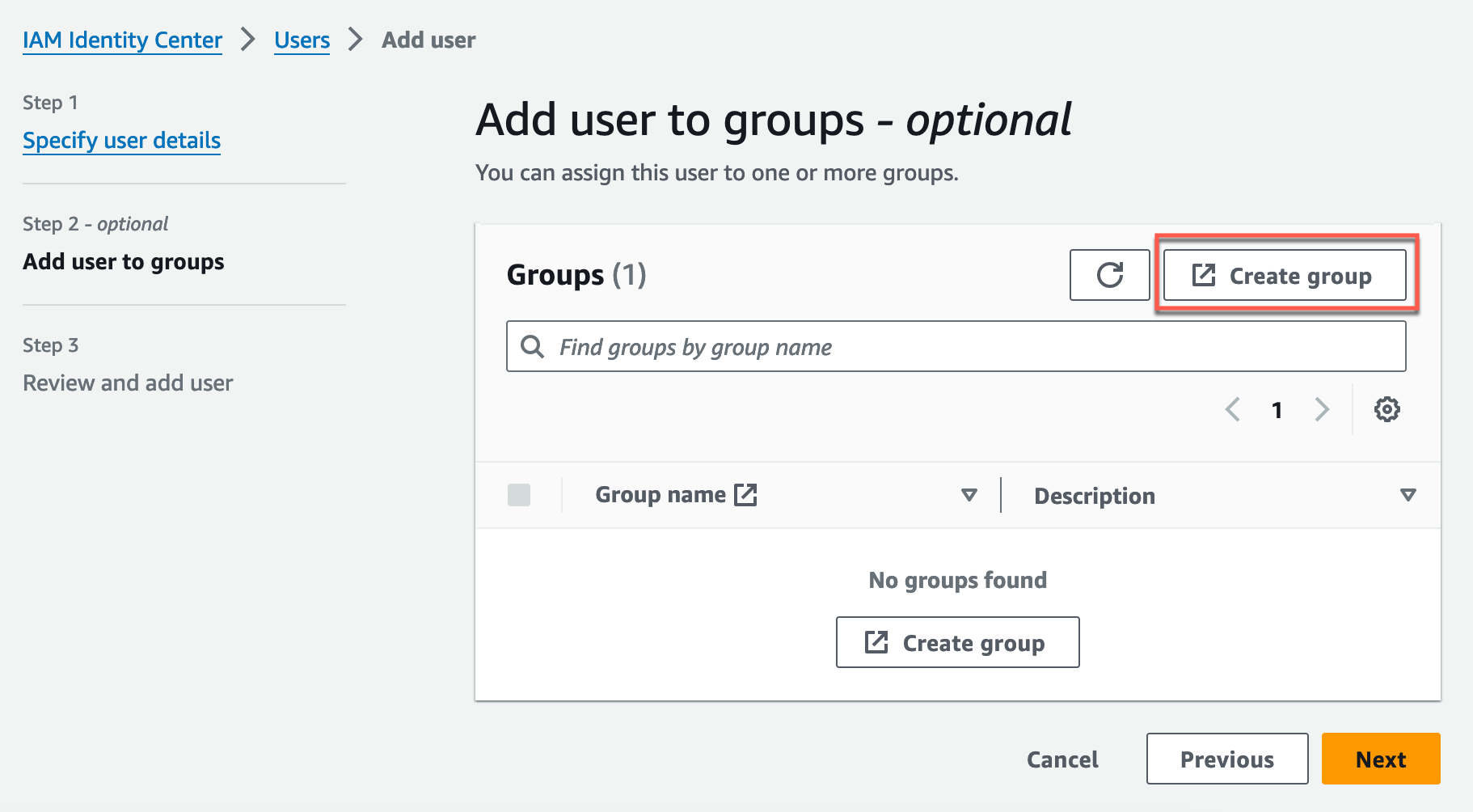 Create user group page within the IAM console.