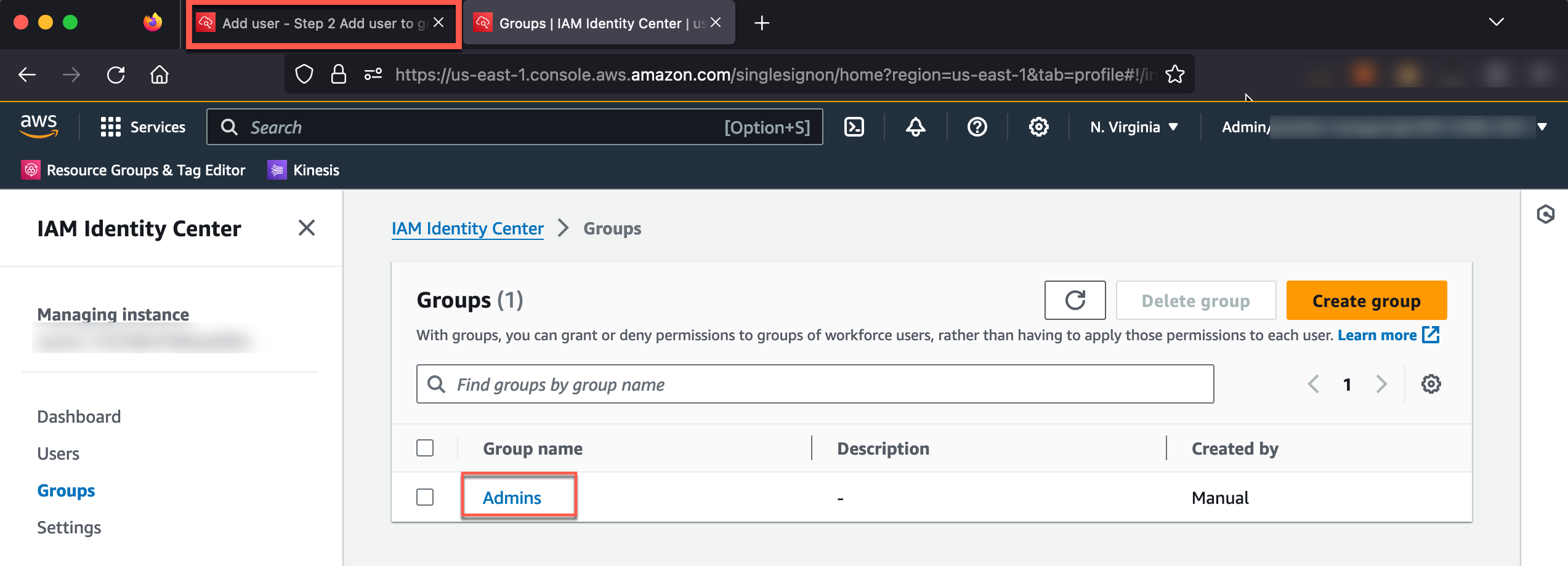 Create user group page within the IAM console.