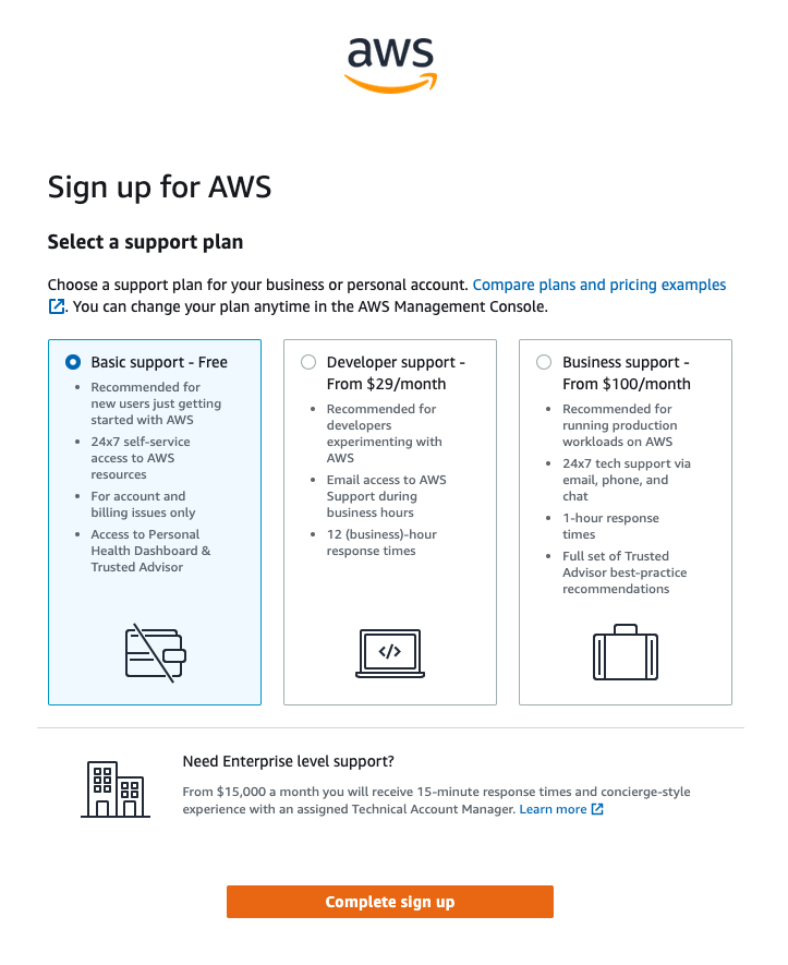 Sign-up page for AWS account, with options for selecting the tier of AWS Support associated with the account.