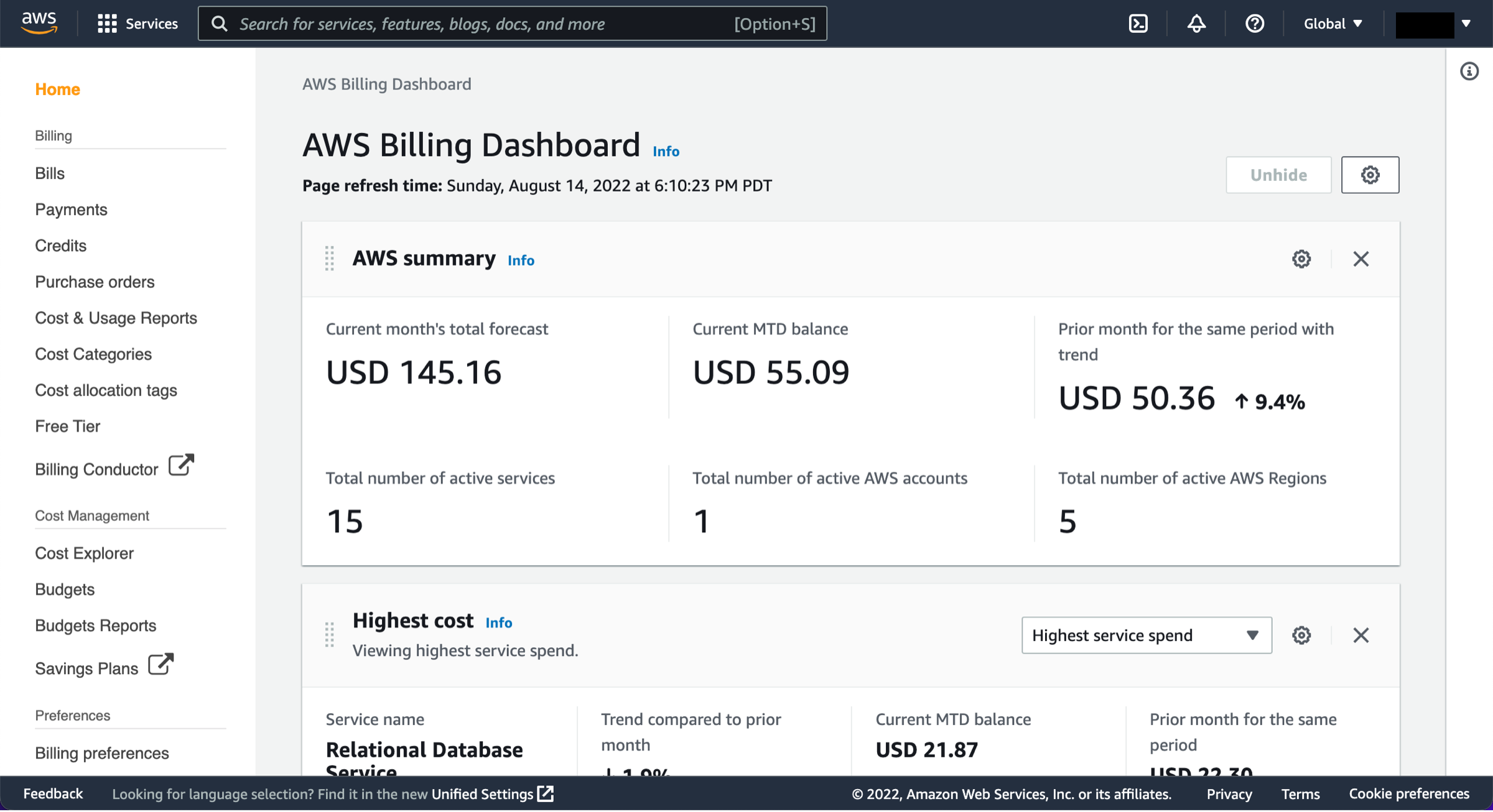 AWS の概要セクションに詳細が表示されている [AWS Billing Dashboard] (AWS 請求ダッシュボード) ページ。